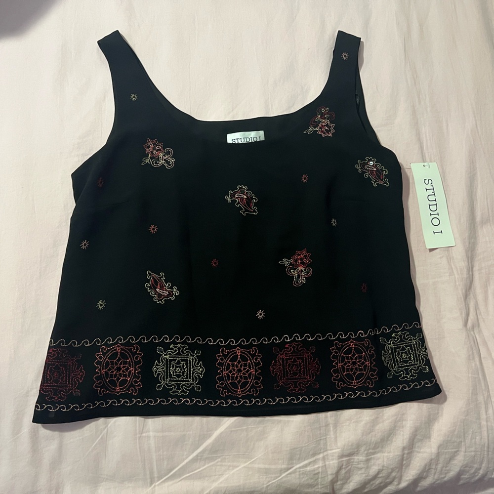 Studio I Black and Red Embroidered Tank Top